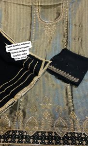 Unstiched Party Ware Suit, Fabric Brocket Shimmar,Handwork,Color Black