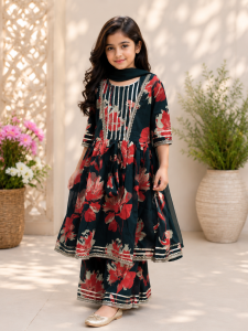 Readymade Kids Sharara Suit,Fabric Cotten,Color Bottel Green,Printed Work