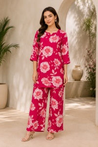 Readymade Co.ord Set,Fabric Cotten,Printed Work,Color Hot Pink