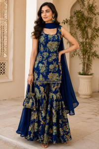 Customized Sharara Suit,Fabric Creap,Digital Print,Color Blue, With Potli Bag.