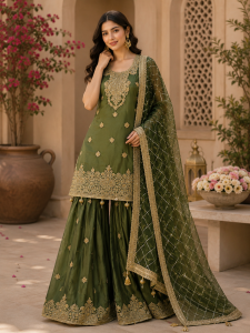 Readymade Plazo Suit,Fabric Chinon,Hand Work,Color Mehandi