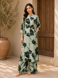 Readymade Co.ord Set, Fabric Masleen Cotten,Printed Work,Color Light Green