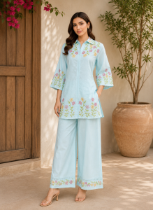Readymade Co.ord Set,Fabric Cotten,Thread Work,Color Sky