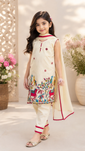 Readymade Kids Suit, Fabric Cotten,Thread Work,Color Off White