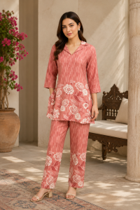 Readymade Co.ord Set,Fabric Masleen Cotten,Printed Work,Color Peach