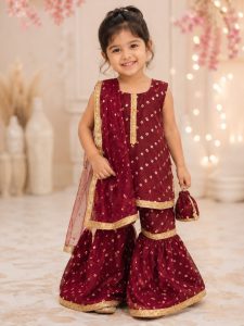 Kids Customized Sharara Suit,Fabric Bandhni,Printed,Color Maroon