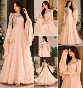 Readymade Long Dress,Fabric Georgette, Antique Work,Color Peach
