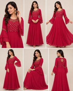 Readymade Long dress,Fabric Georgette,Stone Work,Color Red