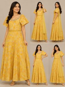 Readymade Long Dress,Fabric Banarsi Silk,Highlited Work,Color Yellow