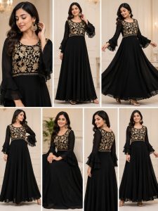 Readymade Long Dress, Fabric Georgette,Thread Work,Color Black.