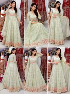 Readymade long Dress,Fabric Silk,Stone Hand work, Color Pista