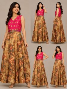 Readymade Long Dress,Fabric Banarsi Silk,Printed Work,Color Hot Pink,Golden