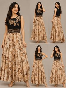 Readymade Long Dress,Fabric Banarsi Silk,Printed Work,Color Blue,Golden