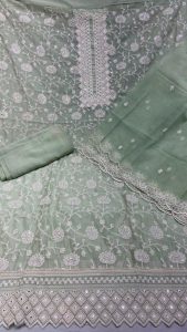 Unstitched  Suit,Fabric Chandery Cotten,Thread Work,Color Pista
