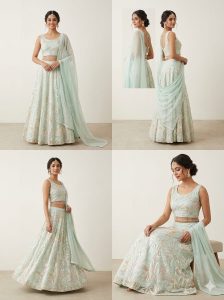 Lehanga Choli,Fabric Organza,Thread Work,Color Sky