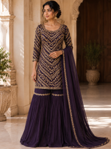 Readymade Sharara Suit,Fabric Chinon,Handwork,Color Purple