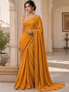 Saree,Fabric Chinon,Stone Work, Color Musterd