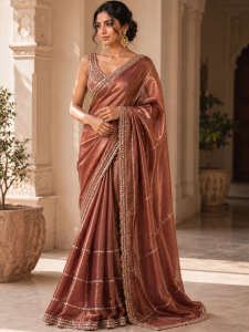 Saree,Fabric Tissue,Handwork,Color Rust