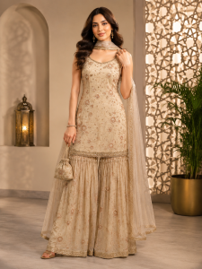 Readymade Sharara Suit,Shimmar,Handwork,Color Cream, With Potli Bag