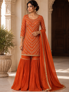 Readymade Sharara Suit,Fabric Chinon,Color Rust
