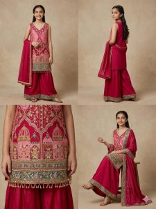 Readymade Kids Suit, Fabric Chinon,Hand Work,Color Red