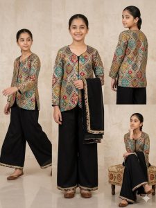 Readymade Kids Suit,Fabric Georgette,Hand Work,Color Black