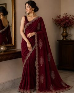 Saree,Fabric Tissue,Color Wine,Work Stone,