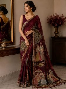 Saree,Fabric Organza,ColorWine,Work Art work