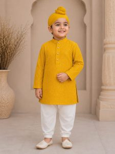Customise Sherwani kids, Fabric silk, Work Thread, Colour Yellow.