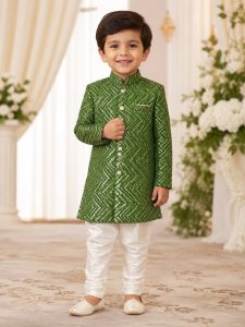 Customise kids Shervani, Fabric silk, Colour Thread work.