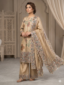 Readymade plazo suit, Fabric Shimmer, Mirror work, Colour golden.