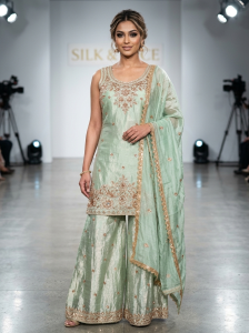 Readymade plazo suit, Fabric tissu, hand work , Colour Pista