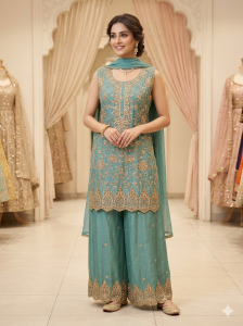 Readymade Palazo suit, Fabric Chinon, Hand work, Colour  Firozi.