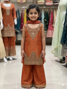 Readymade Palazo suit kids, Fabric tissu, Hand Work, Colour Rust.