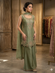 Readymade plazo suit, Fabric Shimmer,Hand work, Colour Sage green.